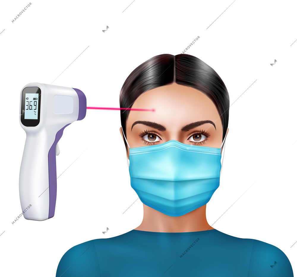 Infrared thermometer temperature check realistic composition with female character in mask with digital thermometer and ray vector illustration