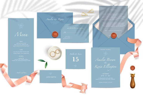 Realistic mockup of wedding invitation cards menu envelopes in blue color with text rings ribbons and seal isolated vector illustration