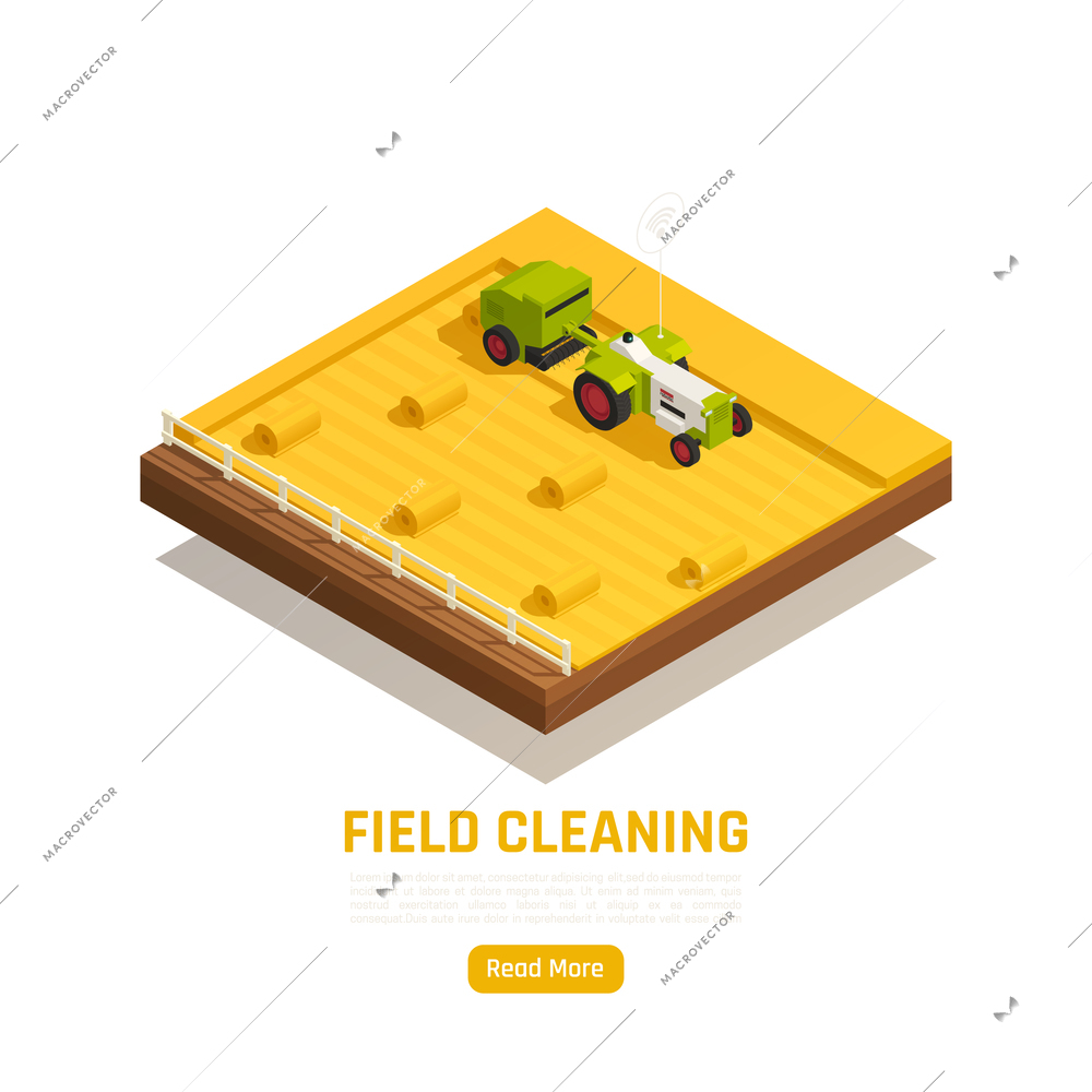 Natural resources agriculture isometric web element with wheat straw stubble harvesting organizing field cleaning machinery vector illustration