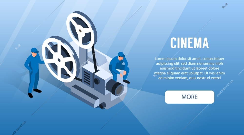 Isometric cinema horizontal banner with more button editable text and film camera with workers in uniform vector illustration