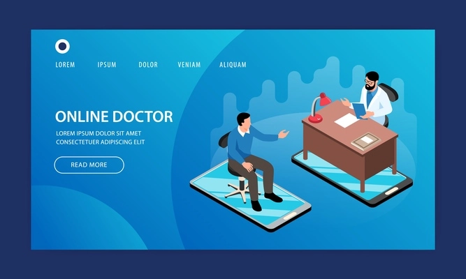 Isometric online medicine website template design with characters of doctor and patient clickable links and buttons vector illustration