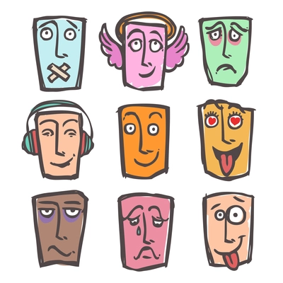 Sketch emoticons face expressions and emotions colored icons set of happy horny tired man isolated vector illustration