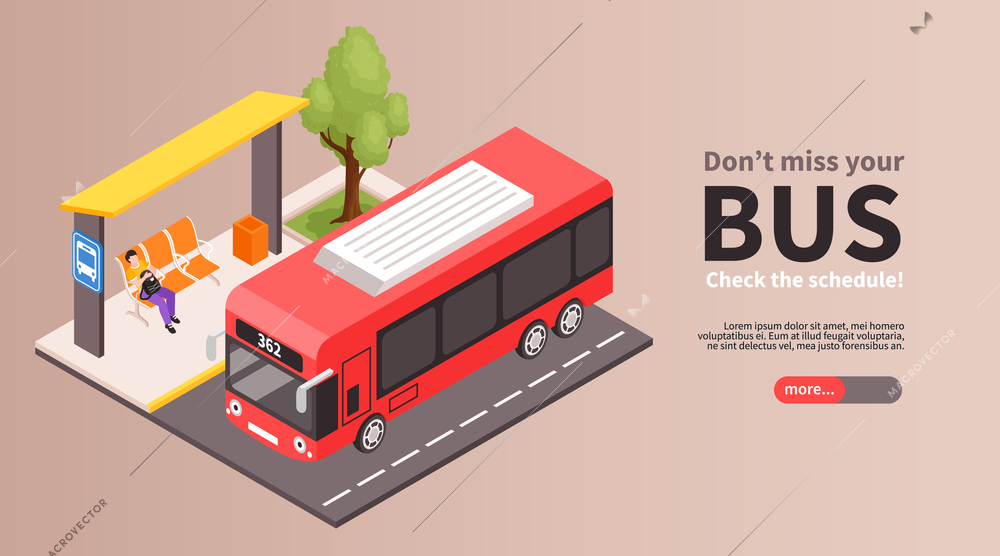 Isometric city public transport stop horizontal banner with editable text slider more button and bus stop vector illustration