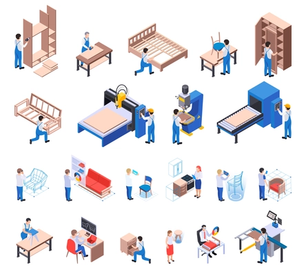 Furniture production isometric set of craftsmen pressing sawing drilling polishing and varnish coating surface isolated vector illustration