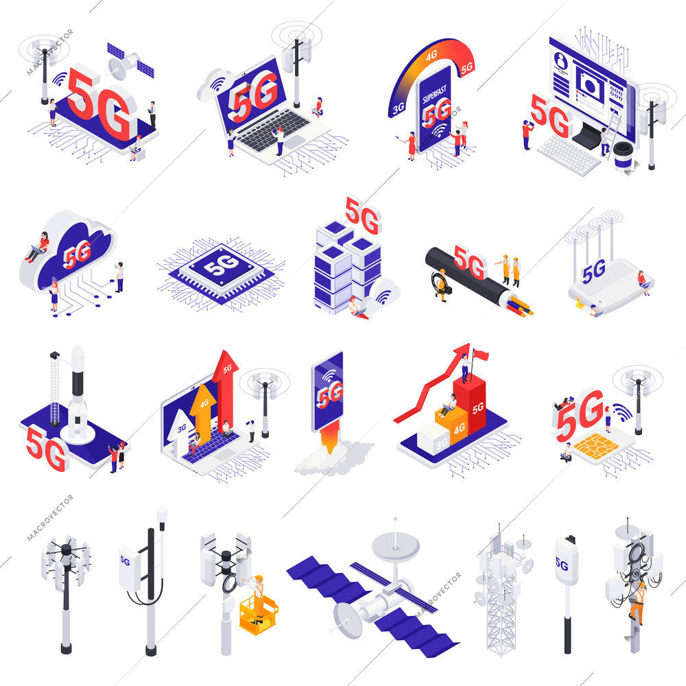 Internet 5G technology isometric icons set of satellites cloud chip sim card cellular aerial isolated elements vector illustration