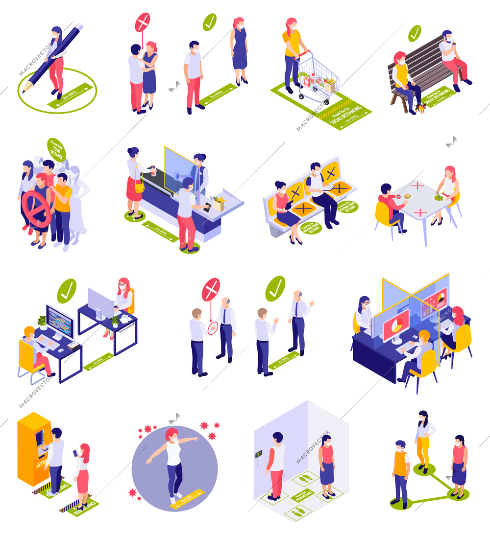 Isometric icons illustrated how to maintain safe distance from others in public offices and outdoors isolated vector illustration