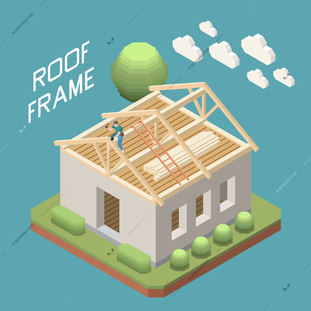 Roofer building wooden rafter roof frame on single family detached house isometric composition blue background vector illustration