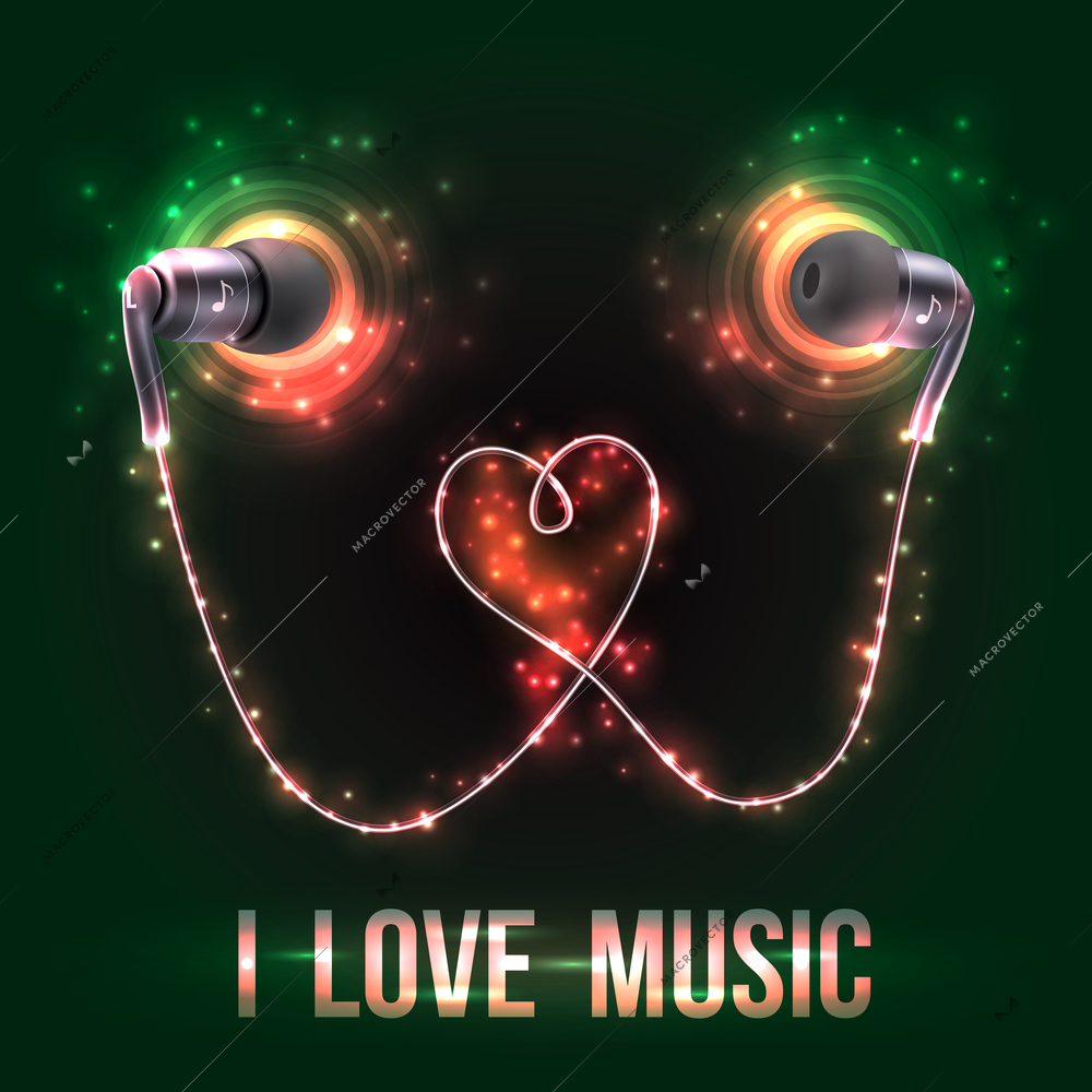 Black headphones earplugs love music  dark background poster vector illustration