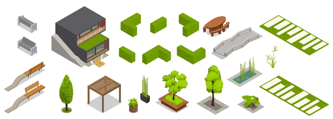 Landscape design isometric set with isolated icons of plants and garden furniture with bridge and buildings vector illustration