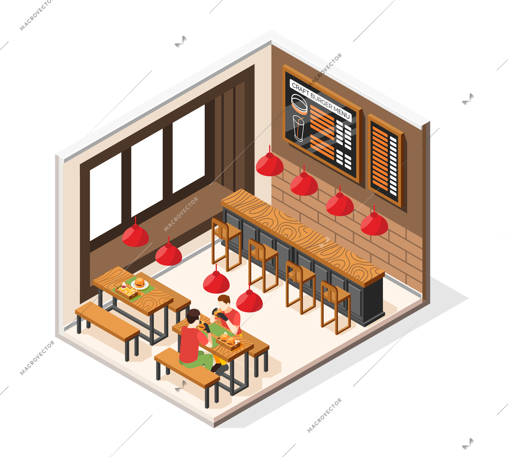 Burger house isometric composition with view of fast food restaurant with seats tables and eating people vector illustration
