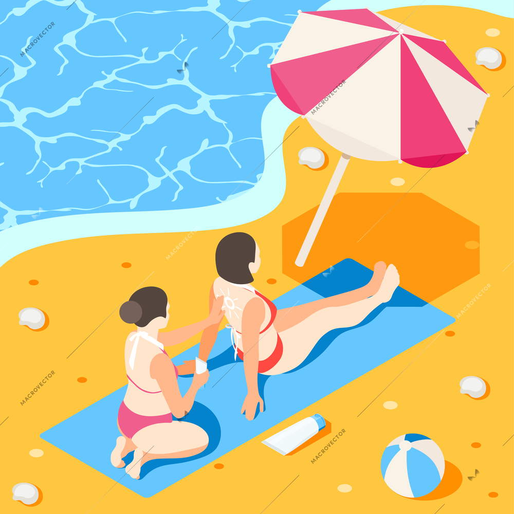 Sunscreen isometric background composition with female characters applying sunburn cream with beach umbrella near sea coast vector illustration