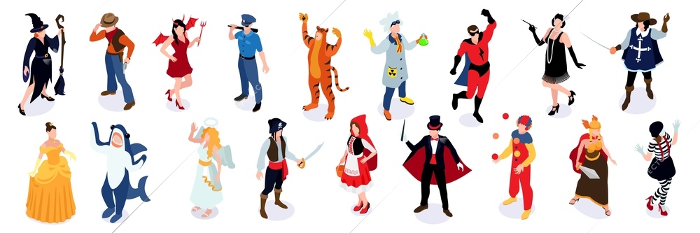 Isometric festive masquerade carnival icon set with isolated human characters wearing various costumes on blank background vector illustration