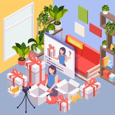 Unboxing isometric background with young woman sitting among her purchases and making internet content for vlog vector illustration