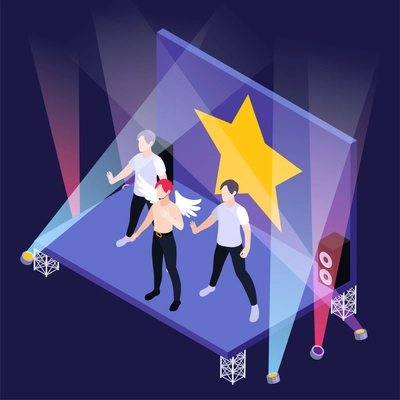 K pop boy group on stage with spotlights and gold star isometric background 3d vector illustration