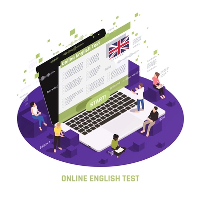 Language learning circular isometric composition with people sitting standing on laptop passing online english test vector illustration