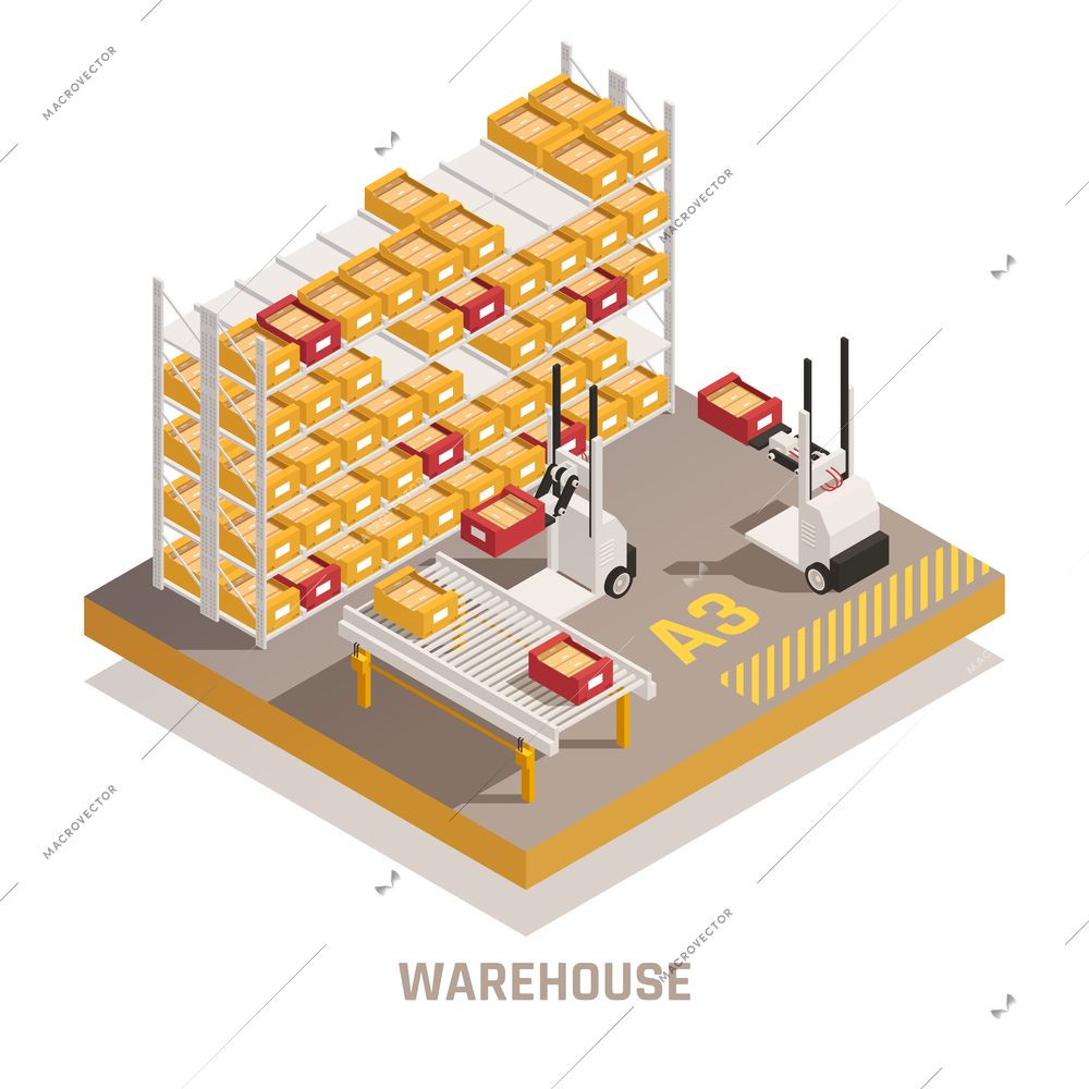 Modern warehouse storage facility with remotely operated forklift loaders placing cargo on conveyor belt isometric vector illustration