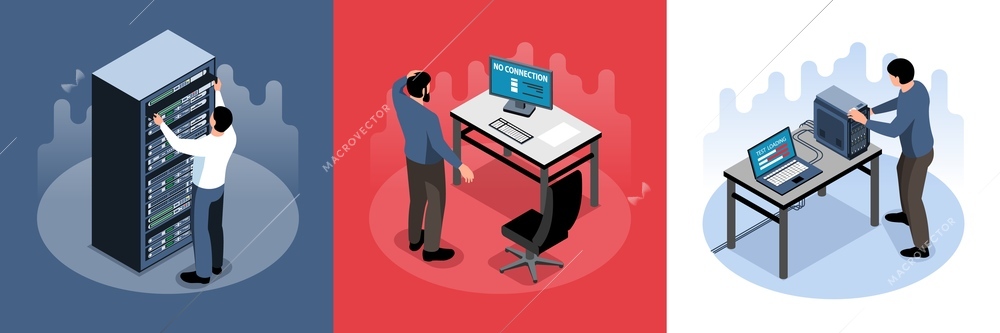 Male sysadmin working with computer hardware isometric design concept 3d isolated vector illustration