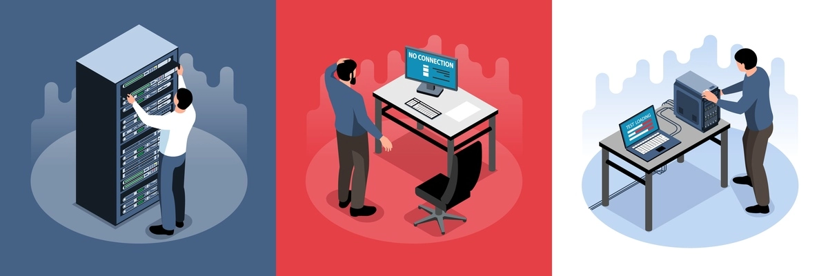 Male sysadmin working with computer hardware isometric design concept 3d isolated vector illustration