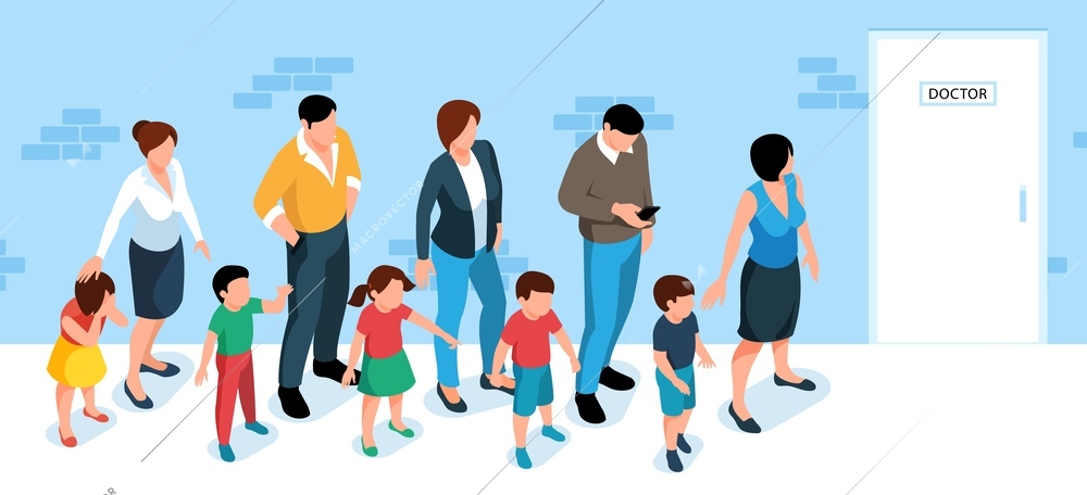 Parents with children waiting in queue for doctor appointment 3d isometric vector illustration