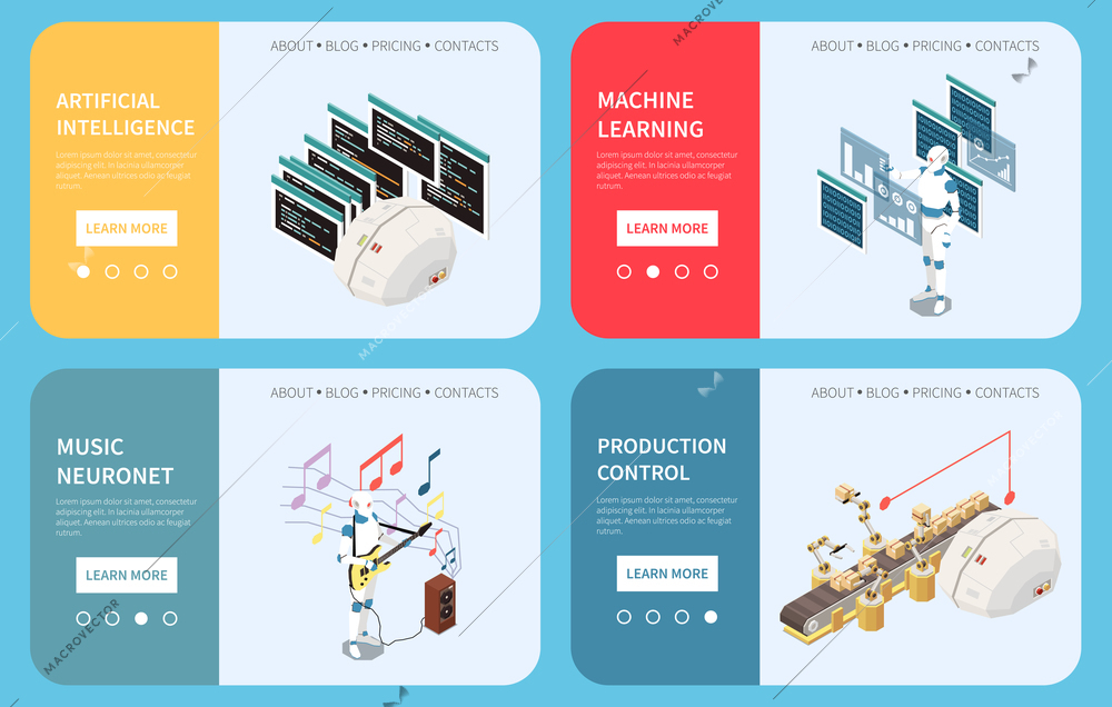 Artificial intelligence set of horizontal banners with learn more buttons page switches and isometric images vector illustration