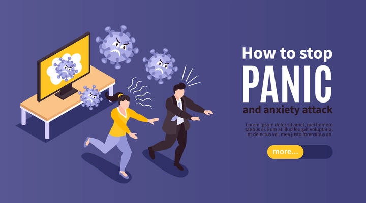 Isometric panic anxiety attack people horizontal banner with human characters slider more button and editable text vector illustration