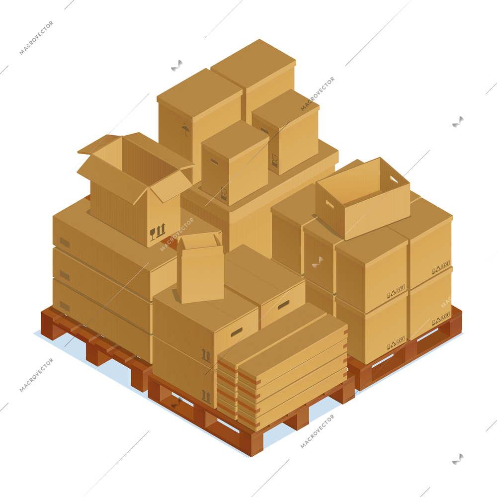 Isometric cardboard boxes composition with set of big and small pasteboard packages on wooden pallets surface vector illustration