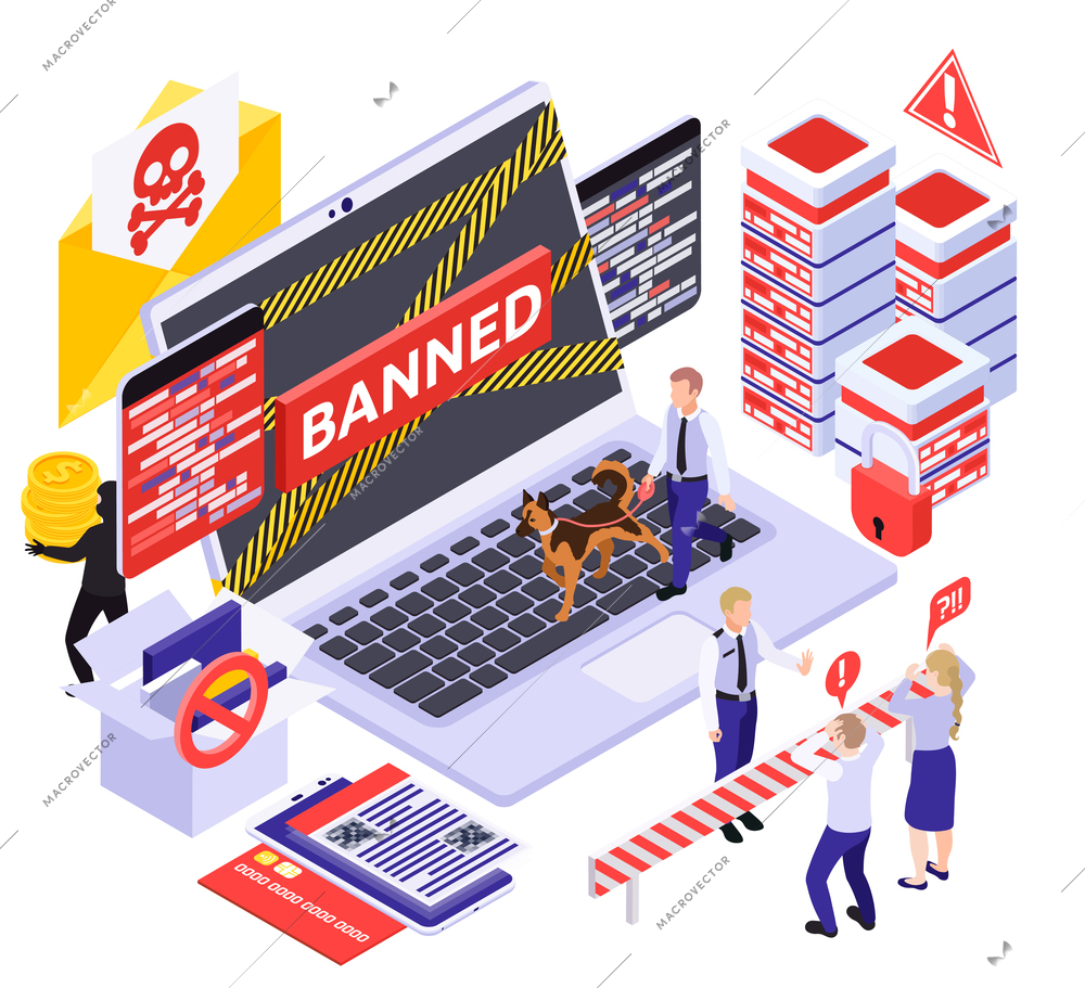 Cyber security spyware data protection isometric composition with pictograms images of servers laptop and cordon lines vector illustration