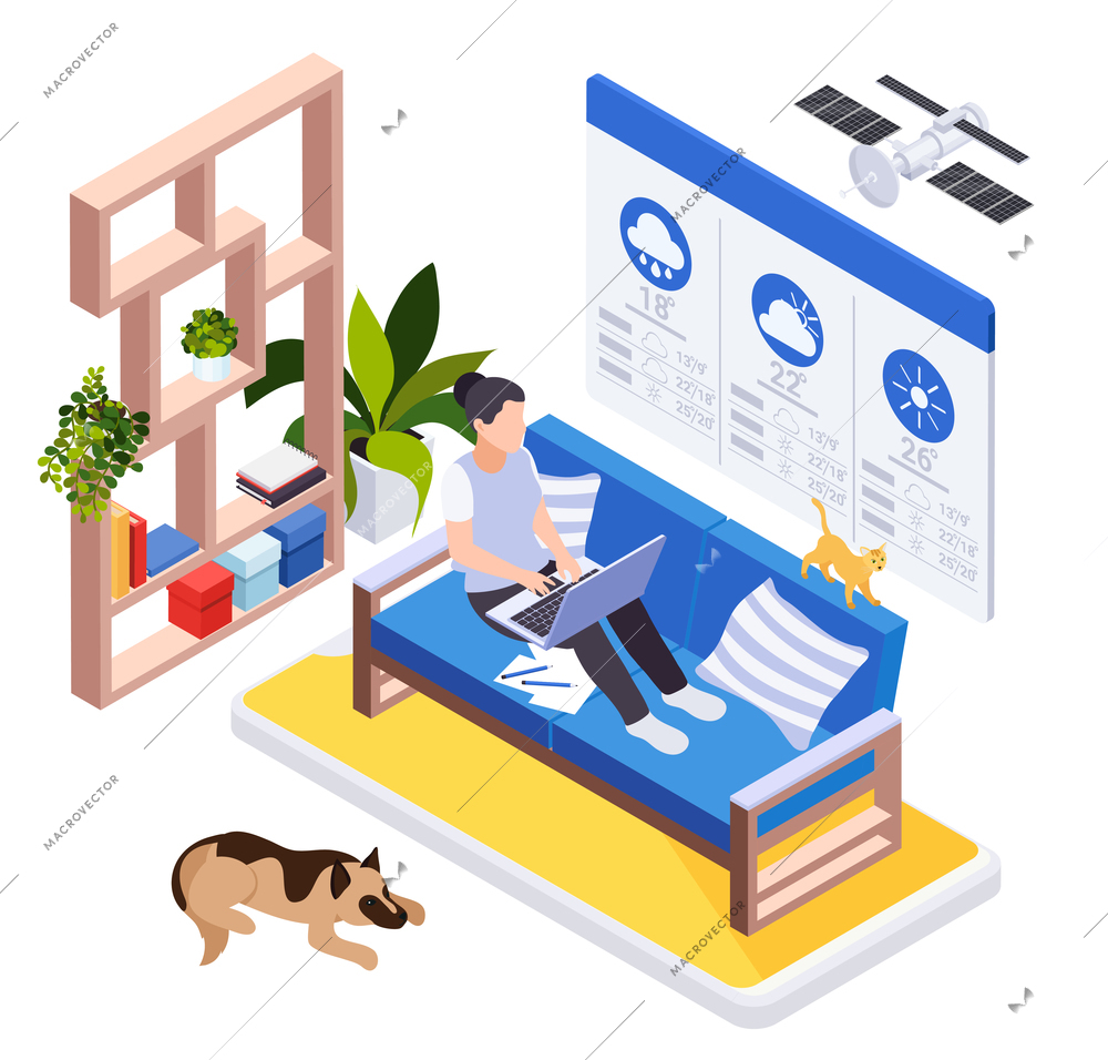 Meteorology weather forecast isometric composition with living room interior elements with dog and woman checking announcements vector illustration