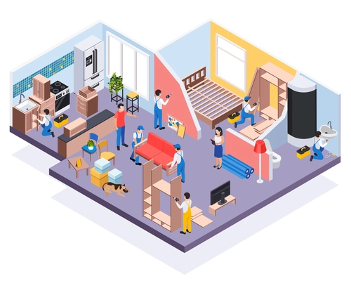 Renovation repair works isometric composition with view of apartment and workers assembling furniture and bathroom fixtures vector illustration