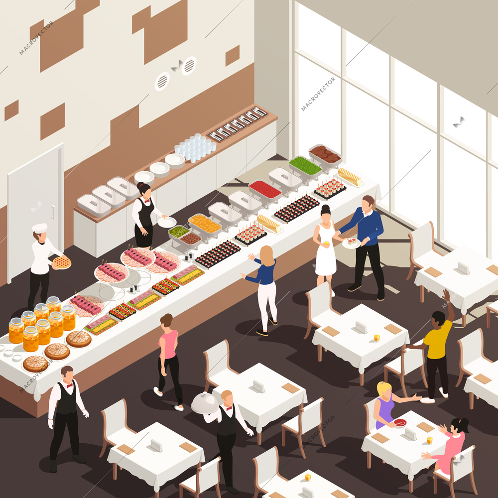 Corporate events celebrations catering service hall isometric view with white table linens snacks beverages buffet vector illustration