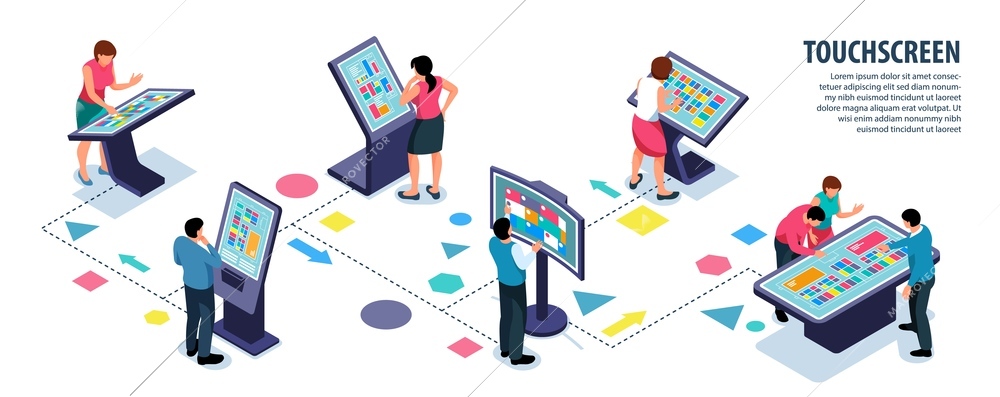 Isometric interactive users touchscreen infographics with human characters touching big screens with geometric figures and text vector illustration