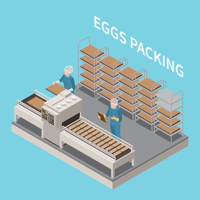 Eggs packing isometric background with two people in uniform working on conveyor vector illustration