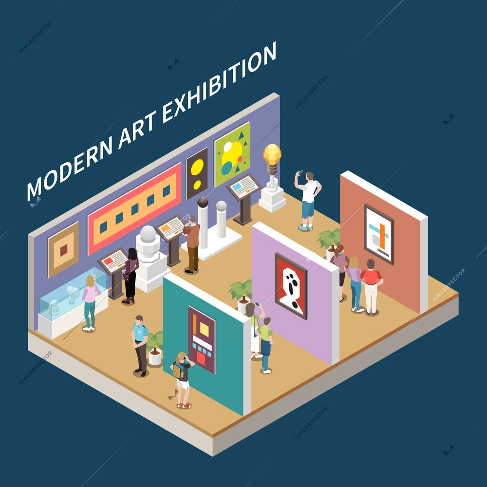 Modern art exhibition isometric background with pictures at walls and interactive information stands vector illustration