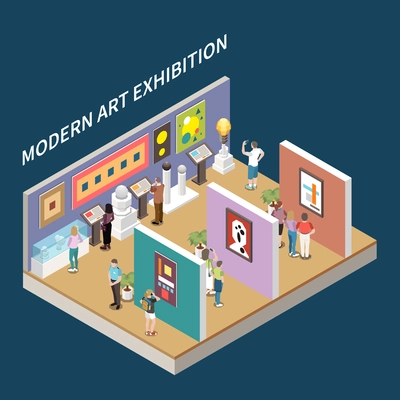 Modern art exhibition isometric background with pictures at walls and interactive information stands vector illustration