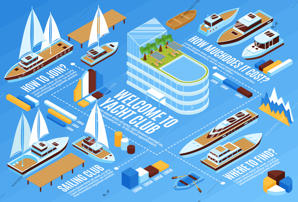 Yacht club infographics with small and big vessels and editable diagrams 3d isometric vector illustration