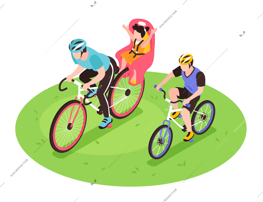 Isometric bicycle family child composition with round platform grass and family member human characters riding bikes vector illustration