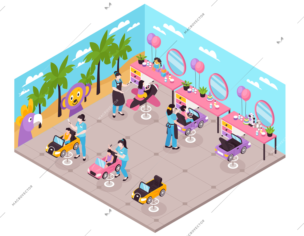 Beauty salon for children interior barbers and clients isometric concept 3d vector illustration