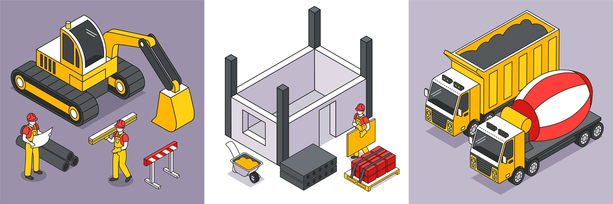 Isometric 3d design concept with construction builders and building machinery isolated vector illustration