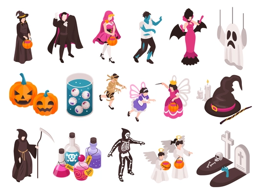 Isometric halloween party set of isolated icons with images of funky costumes pumpkins on blank background vector illustration