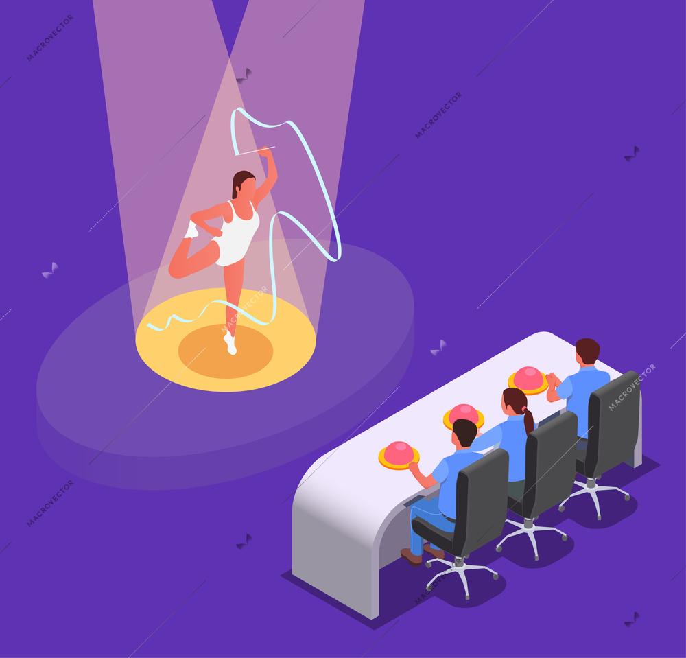 Tv talent show isometric composition with female character of dancing woman with judges sitting at table vector illustration