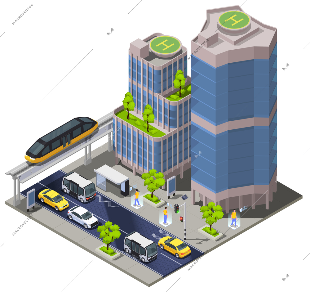 Smart city technologies isometric composition of town block scenery with tall buildings remote cars and monorail vector illustration