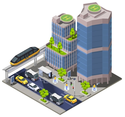 Smart city technologies isometric composition of town block scenery with tall buildings remote cars and monorail vector illustration