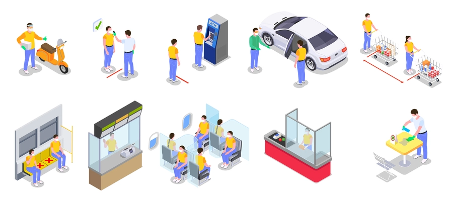 Social distancing isometric set of isolated icons and compositions of people at safe amount of distance vector illustration