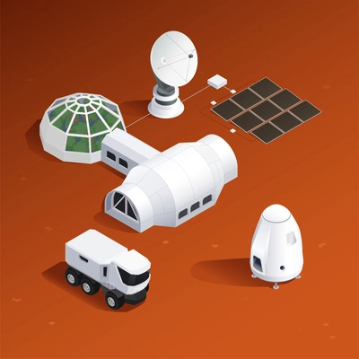 Modern space program isometric composition with images of spacecraft rover truck and buildings of extraterrestrial base vector illustration