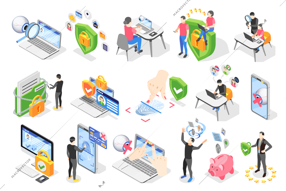 Personal data protection gdpr isometric icons collection of pictograms and images of gadgets with human characters vector illustration