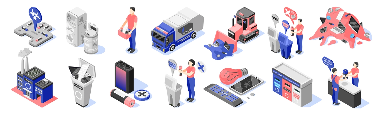 Electronic garbage isometric set of recolor icons and isolated rubbish images with dead gadgets and people vector illustration