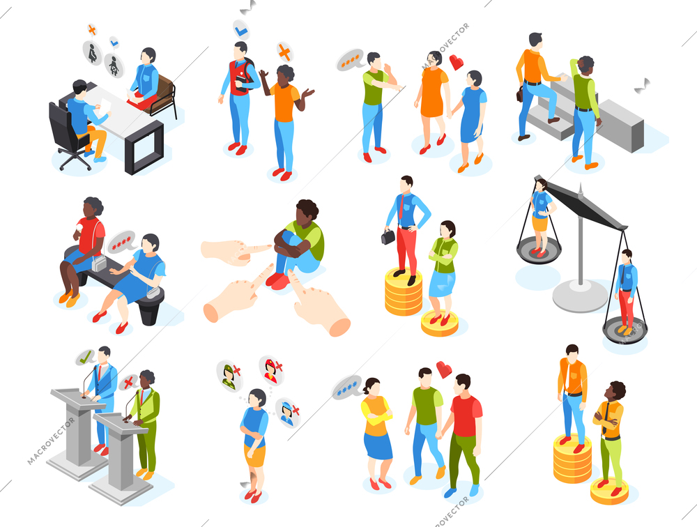 Discrimination isometric recolor set of isolated icons with human characters in various work and life situations vector illustration