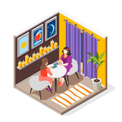 Magical services visit isometric background composition with indoor scenery and client with fortuneteller sitting at table vector illustration