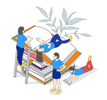 Reading people isometric composition with stack of closed and open books with small reading human characters vector illustration