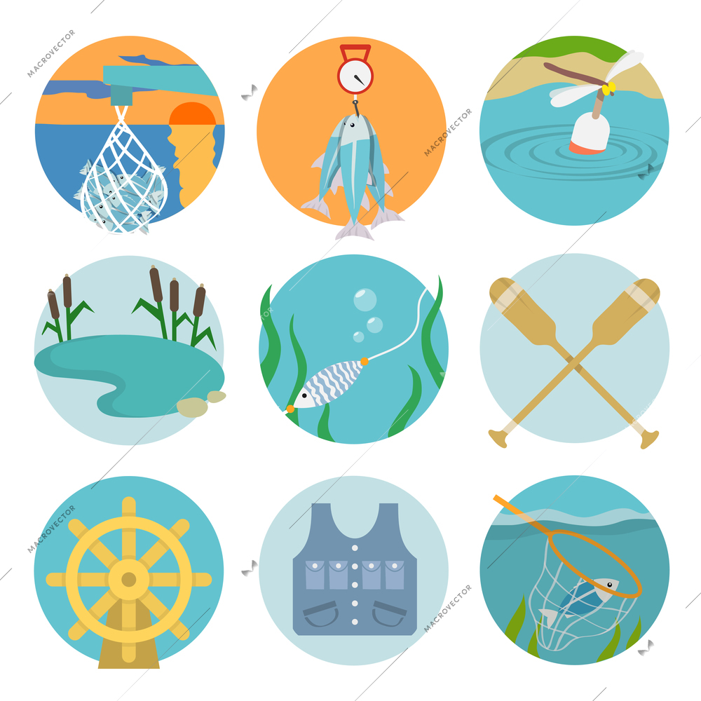 Set of lake paddles catch icons in flat style on color circles vector illustration